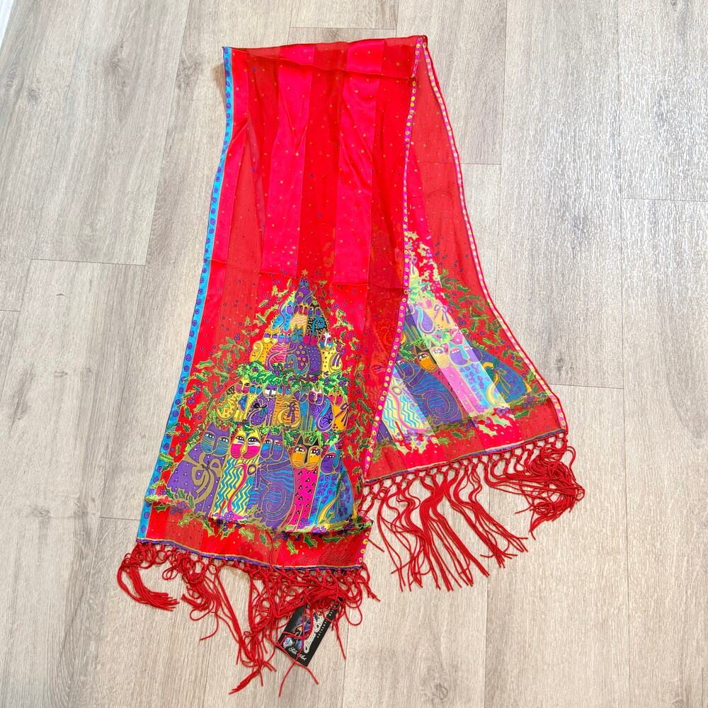 Laurel Burch Cat Silk Fringe Scarf Red Multicolor NWT Feline Art